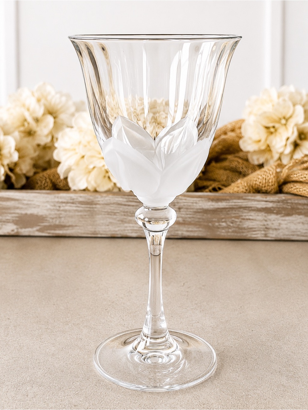Cristal d’Arques Florence Crystal Wine Goblet Frosted Floral Tulip Stemware